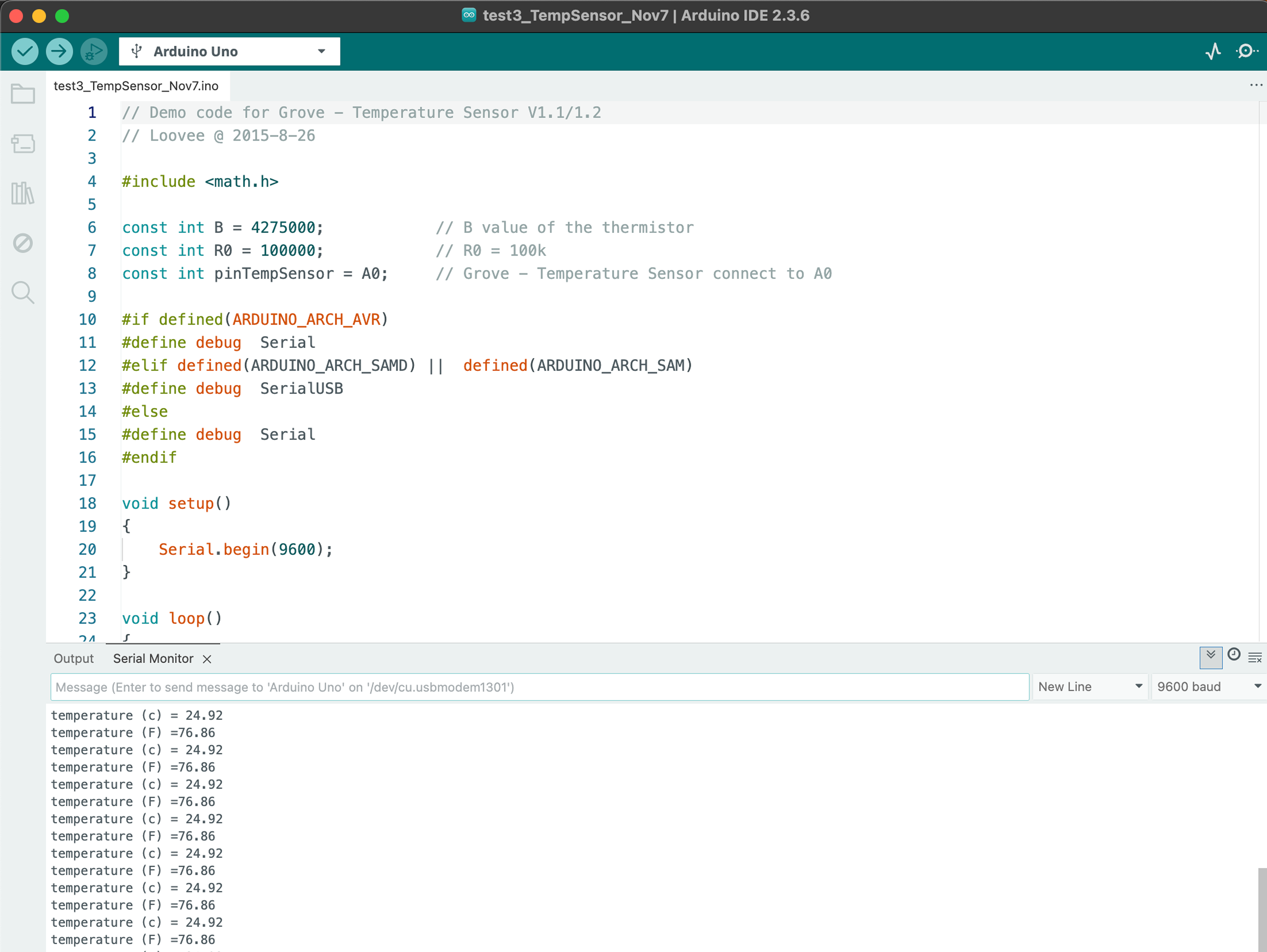 Lastly, wew found this third sketch on the manufacurers official website for our specific grove temperature sensor V1.2 by Seeed Studio. The only changes we made was the addition of code to show both celsius and farenheit. Additionally, we also increased the delay value so that the data was more legible on the serial monitor. <a href='https://wiki.seeedstudio.com/Grove-Temperature_Sensor_V1.2/' target='_blank'><p>Link to documentation by Seeed Studio.</p></a> 
